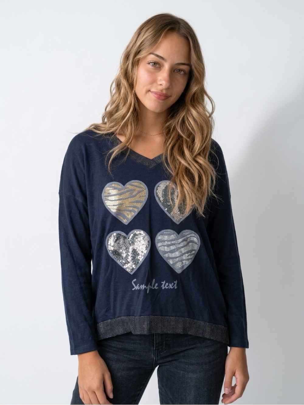 Via Vitale Vintage - V-Neck Sweater with Gold and Silver Sequin Hearts